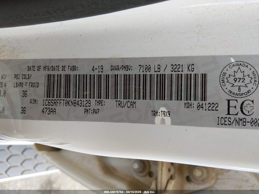 2019 Ram 1500 Big Horn VIN: 1C6SRFFT0KN843129 Lot: 44876764