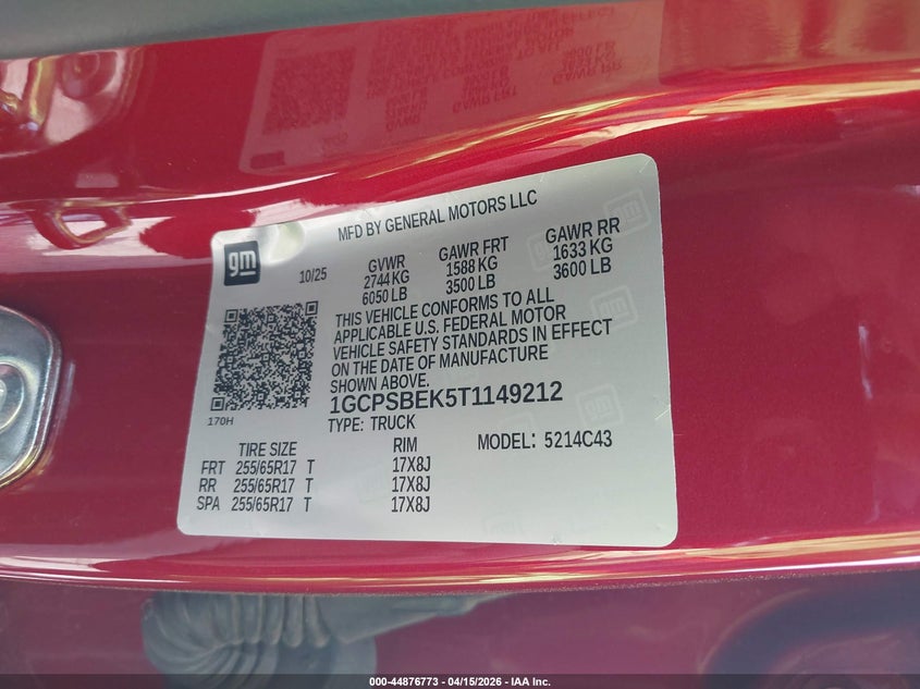 2026 Chevrolet Colorado Wt, Rwd VIN: 1GCPSBEK5T1149212 Lot: 44876773