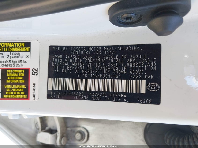 2021 Toyota Camry Se VIN: 4T1G11AK4MU519161 Lot: 44876776