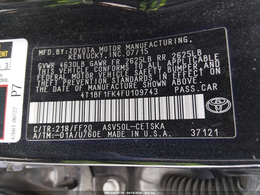 2015 Toyota Camry Se VIN: 4T1BF1FK4FU109743 Lot: 44876779