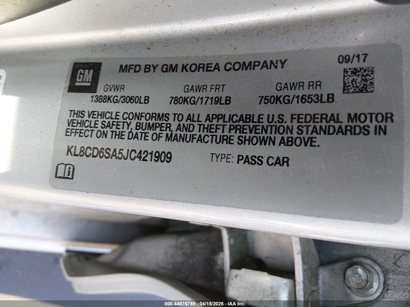 2018 Chevrolet Spark 1Lt Cvt VIN: KL8CD6SA5JC421909 Lot: 44876789