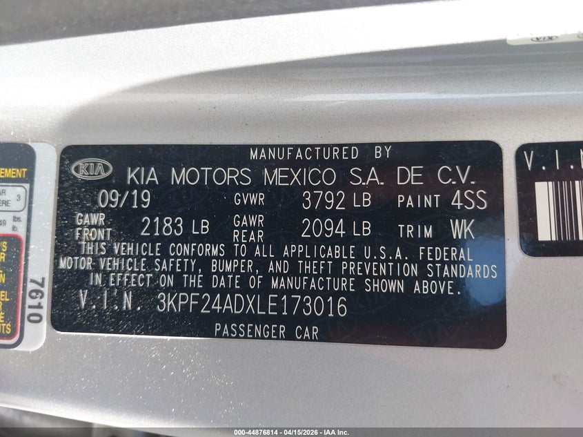 2020 Kia Forte Lxs VIN: 3KPF24ADXLE173016 Lot: 44876814