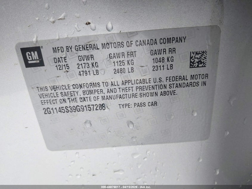 2016 Chevrolet Impala 2Lz VIN: 2G1145S39G9157208 Lot: 44876817