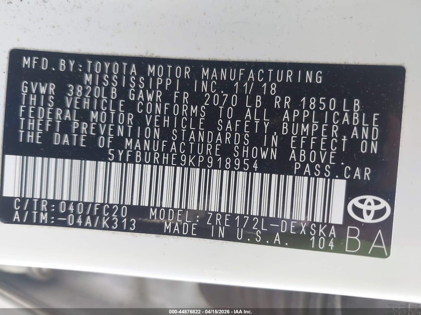 2019 Toyota Corolla Se VIN: 5YFBURHE9KP918954 Lot: 44876822