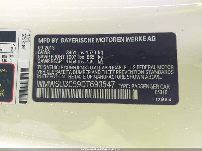 2013 Mini Hardtop Cooper VIN: WMWSU3C59DT690547 Lot: 44876827