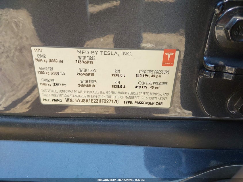 2017 Tesla Model S 100D/60D/75D/90D/P100D VIN: 5YJSA1E23HF227170 Lot: 44876842