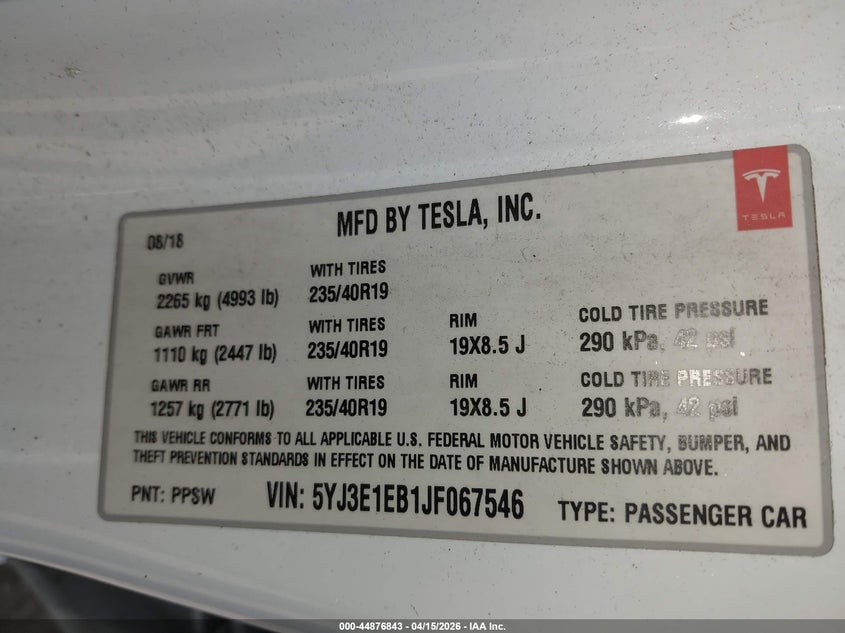 2018 Tesla Model 3 Long Range/Performance VIN: 5YJ3E1EB1JF067546 Lot: 44876843