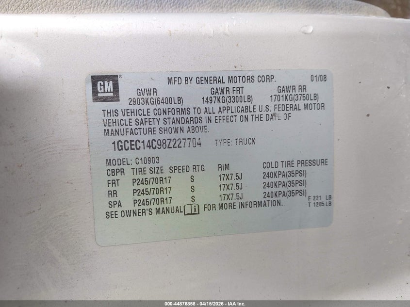 2008 Chevrolet Silverado 1500 Work Truck VIN: 1GCEC14C98Z227704 Lot: 44876858