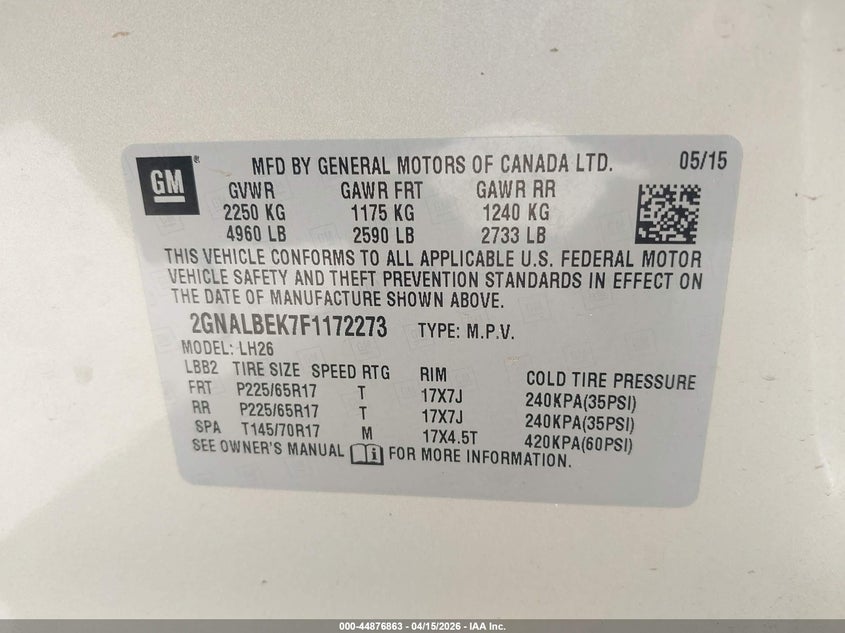 2015 Chevrolet Equinox 1Lt VIN: 2GNALBEK7F1172273 Lot: 44876863