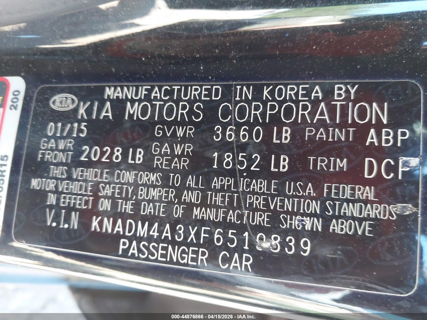 2015 Kia Rio Lx VIN: KNADM4A3XF6519839 Lot: 44876866