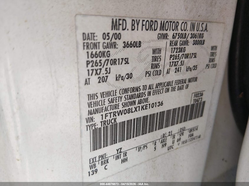 2001 Ford F-150 King Ranch Edition/Lariat/Xlt VIN: 1FTRW08LX1KE10136 Lot: 44876873