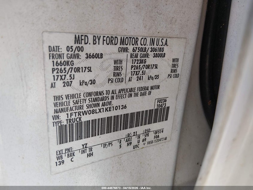 2001 Ford F-150 King Ranch Edition/Lariat/Xlt VIN: 1FTRW08LX1KE10136 Lot: 44876873