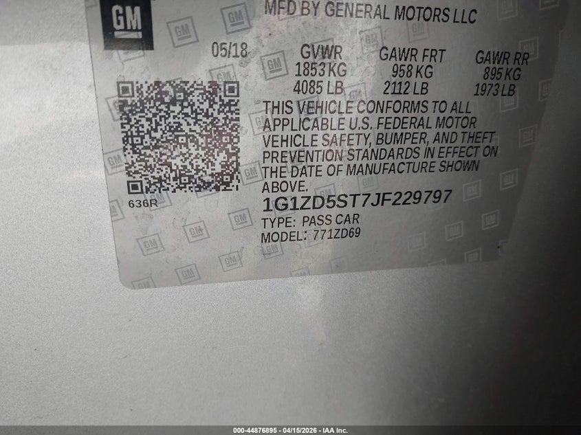 2018 Chevrolet Malibu Lt VIN: 1G1ZD5ST7JF229797 Lot: 44876895