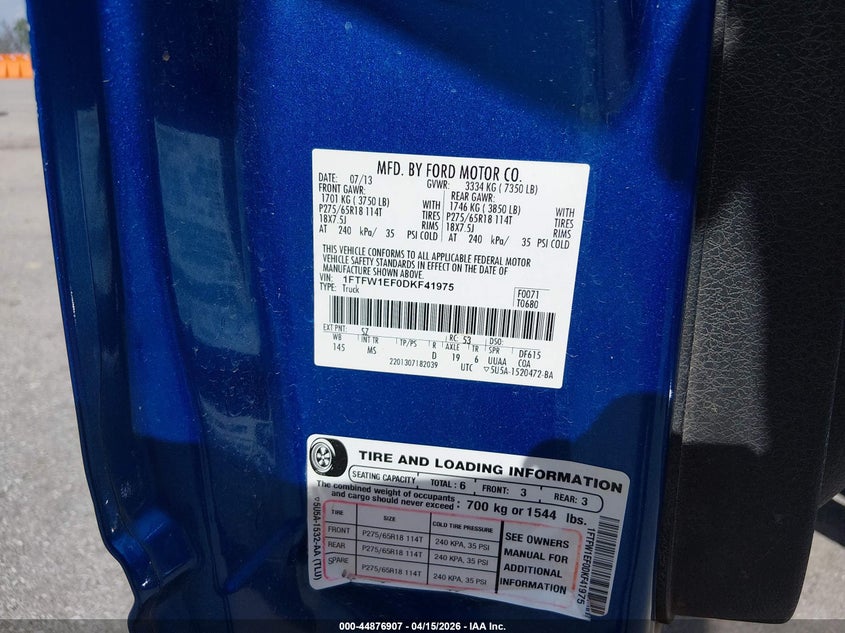 2013 Ford F-150 Xlt VIN: 1FTFW1EF0DKF41975 Lot: 44876907