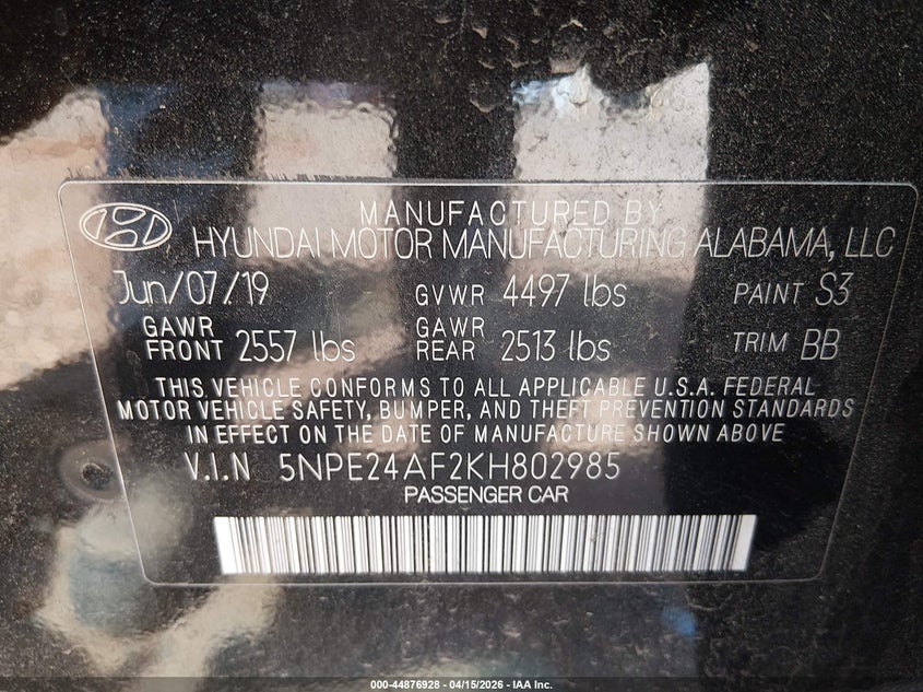 2019 Hyundai Sonata Se VIN: 5NPE24AF2KH802985 Lot: 44876928