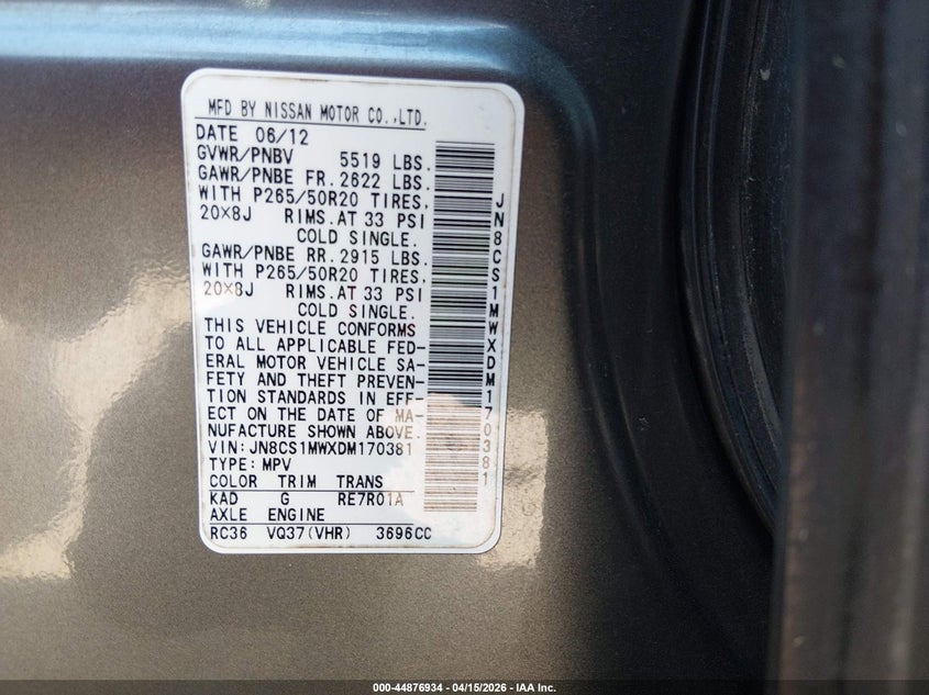 2013 Infiniti Fx37 VIN: JN8CS1MWXDM170381 Lot: 44876934