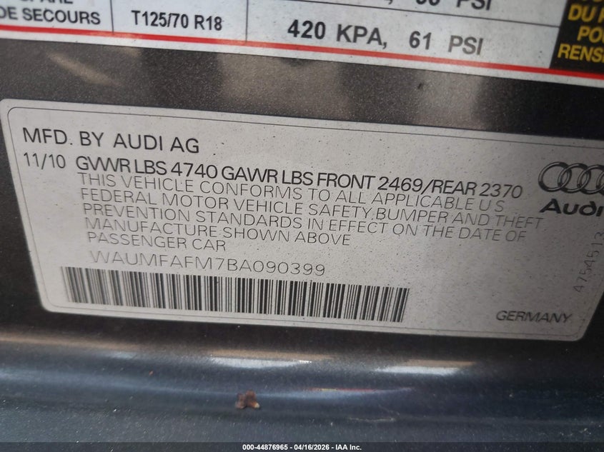 2011 Audi A3 2.0T Premium VIN: WAUMFAFM7BA090399 Lot: 44876965
