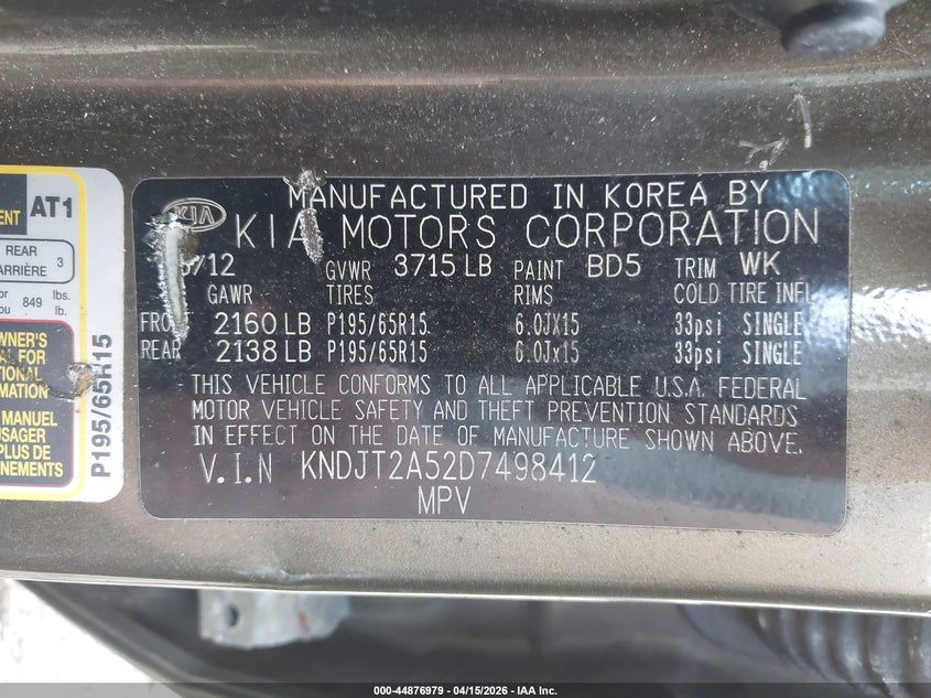 2013 Kia Soul VIN: KNDJT2A52D7498412 Lot: 44876979