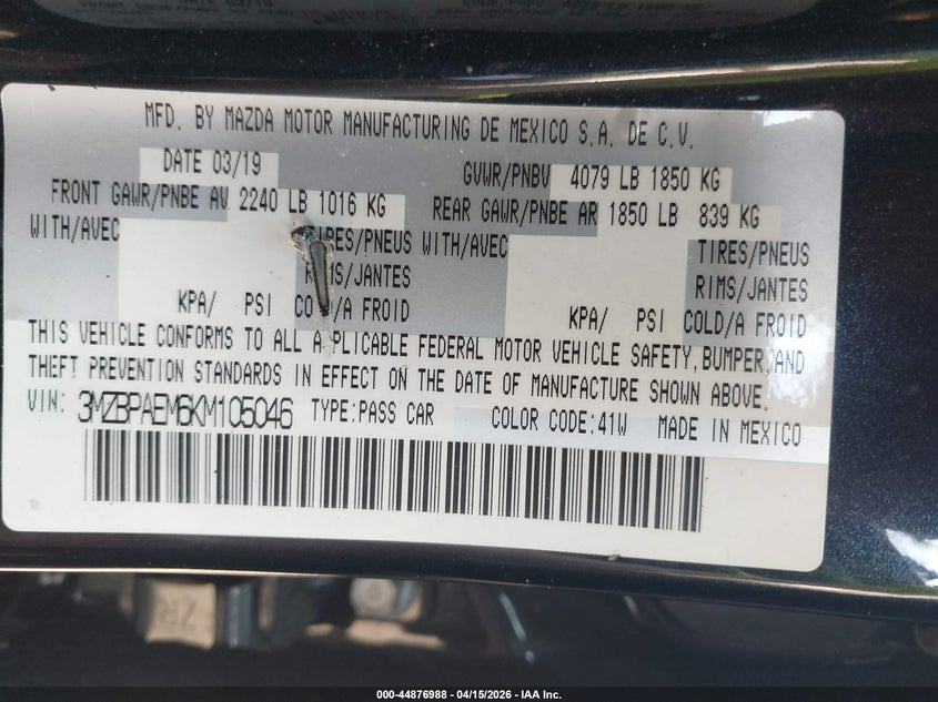 2019 Mazda Mazda3 Premium Package VIN: 3MZBPAEM6KM105046 Lot: 44876988