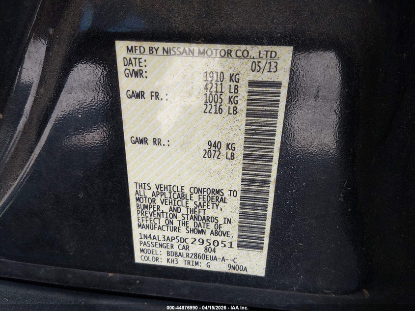 2013 Nissan Altima 2.5 S VIN: 1N4AL3AP5DC295051 Lot: 44876990