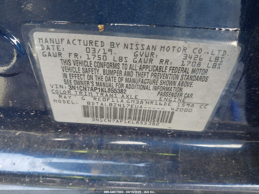 2019 Nissan Versa 1.6 Sv VIN: 3N1CN7AP1KL855382 Lot: 44877003