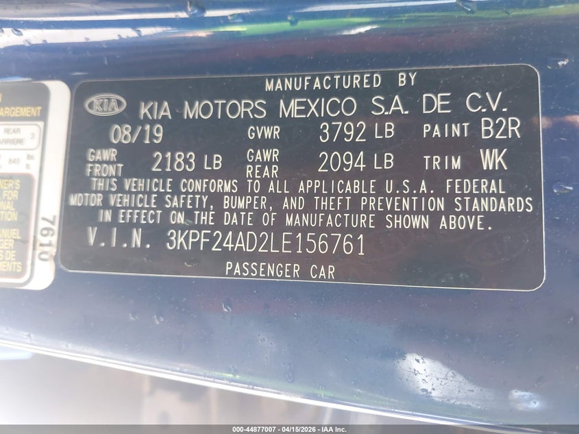 2020 Kia Forte Lxs VIN: 3KPF24AD2LE156761 Lot: 44877007