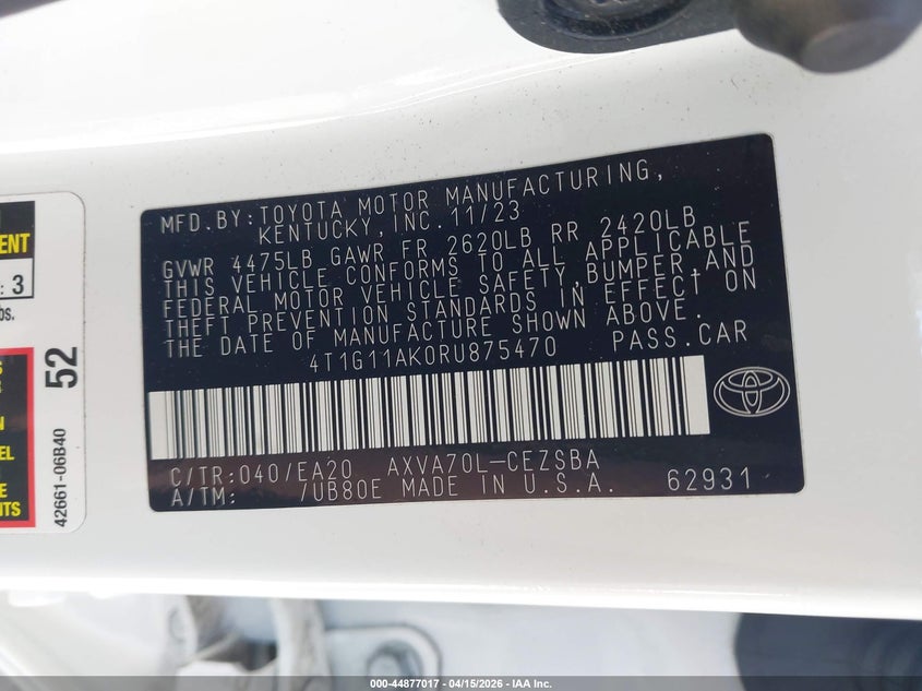 2024 Toyota Camry Se VIN: 4T1G11AK0RU875470 Lot: 44877017