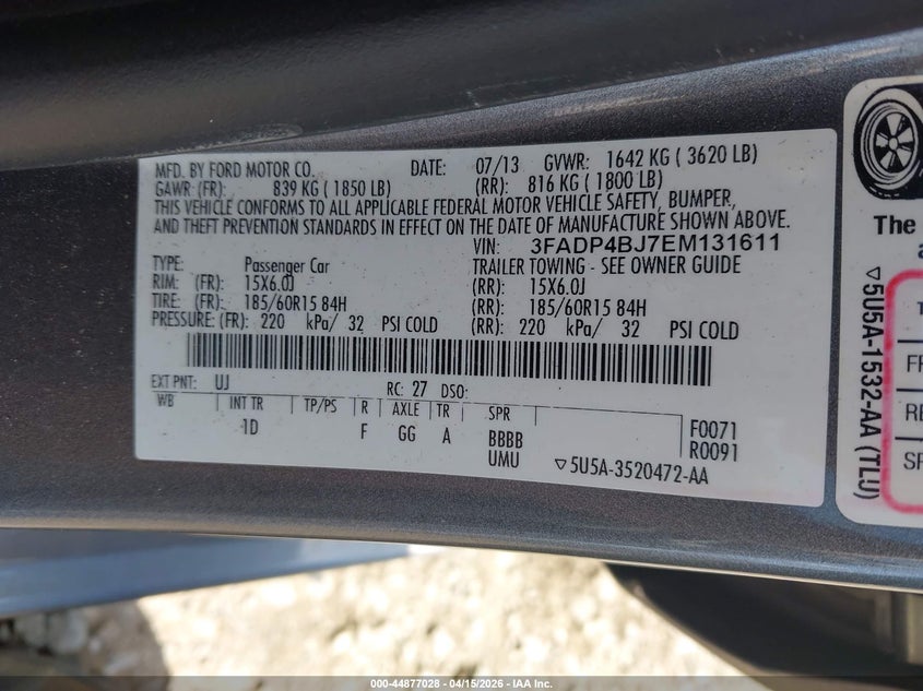 2014 Ford Fiesta Se VIN: 3FADP4BJ7EM131611 Lot: 44877028