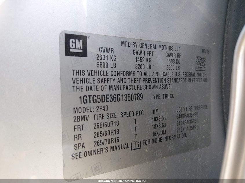 2016 GMC Canyon Slt VIN: 1GTG5DE36G1360789 Lot: 44877027