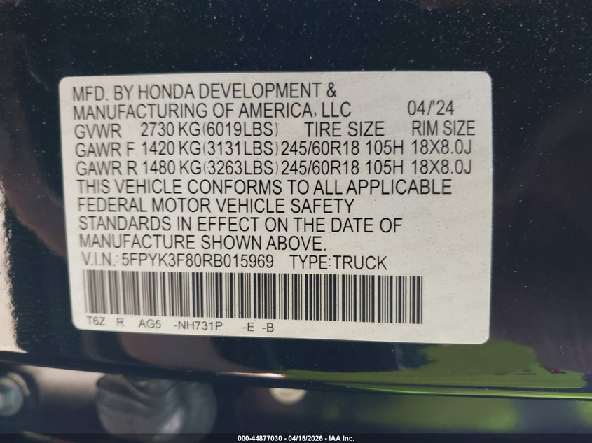 2024 Honda Ridgeline Black Edition VIN: 5FPYK3F80RB015969 Lot: 44877030
