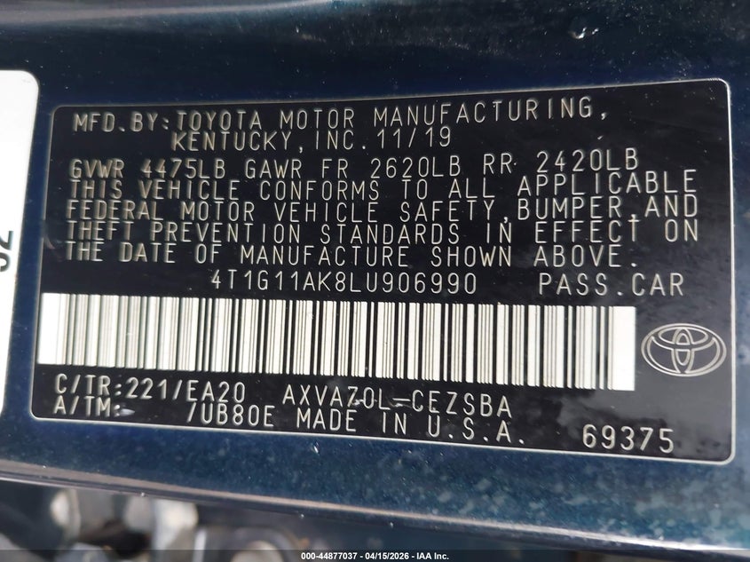 2020 Toyota Camry Se VIN: 4T1G11AK8LU906990 Lot: 44877037