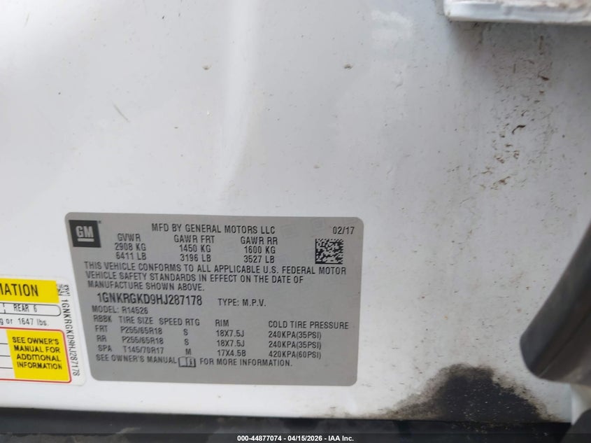 2017 Chevrolet Traverse 1Lt VIN: 1GNKRGKD9HJ287178 Lot: 44877074