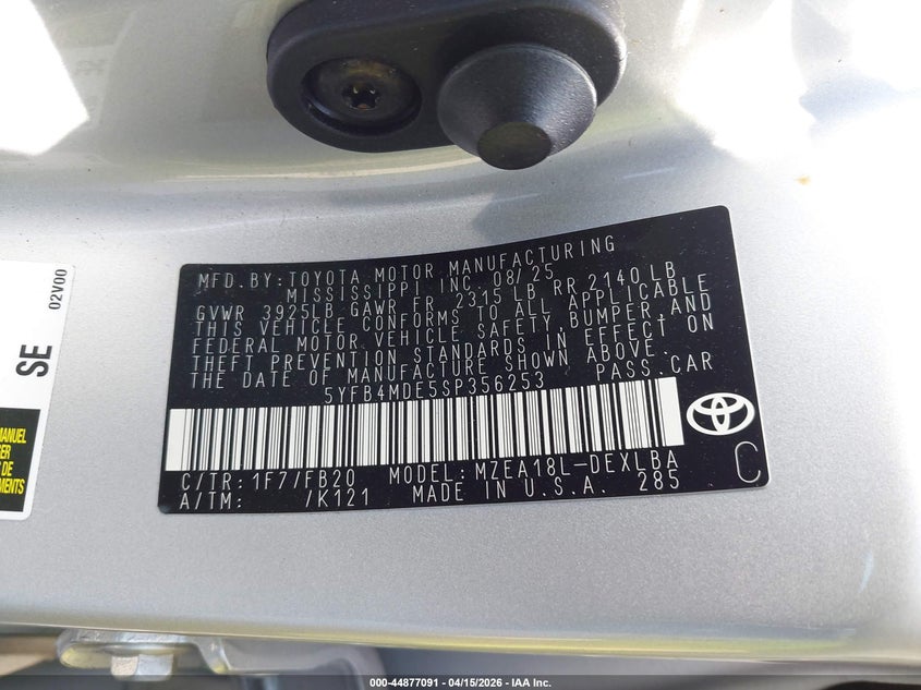 2025 Toyota Corolla Le VIN: 5YFB4MDE5SP356253 Lot: 44877091