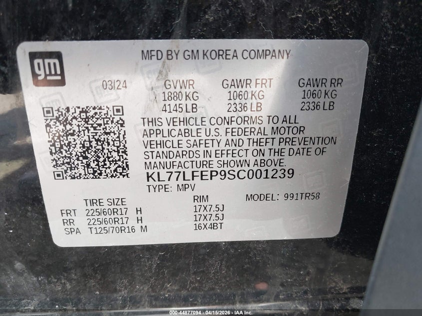 2025 Chevrolet Trax Fwd Ls VIN: KL77LFEP9SC001239 Lot: 44877094