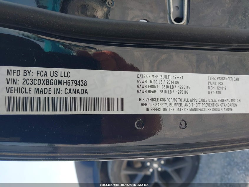 2021 Dodge Charger Sxt Rwd VIN: 2C3CDXBG0MH679438 Lot: 44877103
