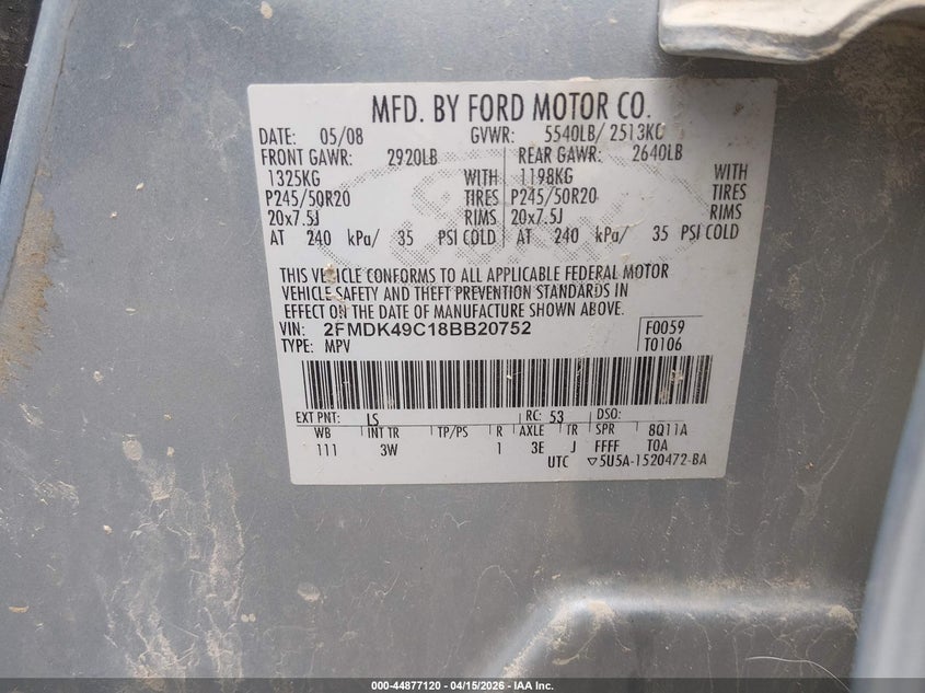 2008 Ford Edge Limited VIN: 2FMDK49C18BB20752 Lot: 44877120