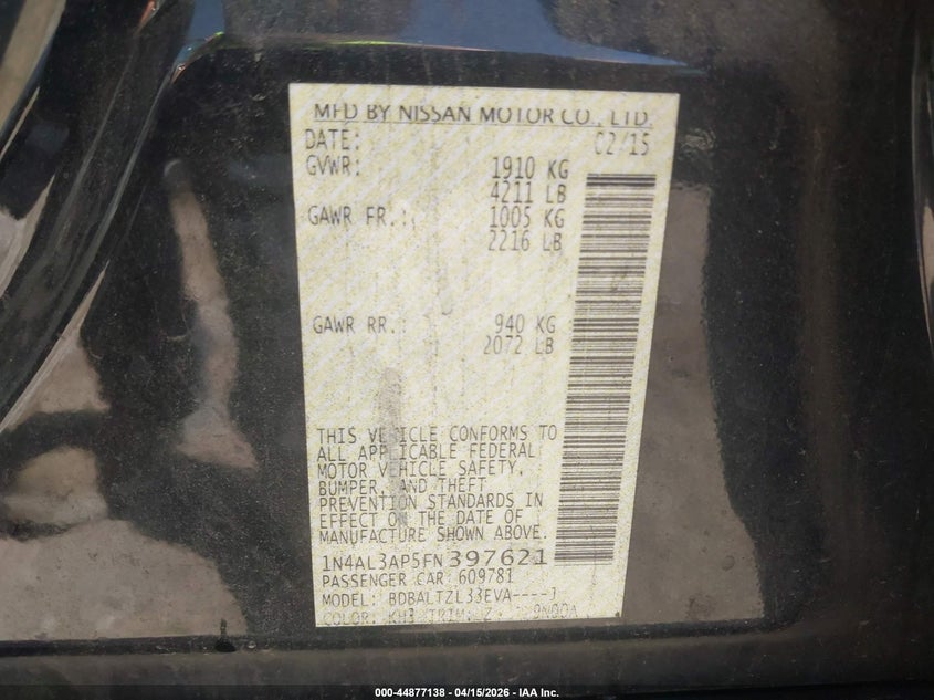 2015 Nissan Altima 2.5 Sl VIN: 1N4AL3AP5FN397621 Lot: 44877138