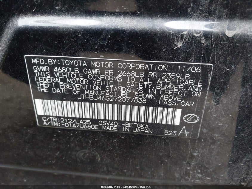 2007 Lexus Es 350 VIN: JTHBJ46G272077838 Lot: 44877149