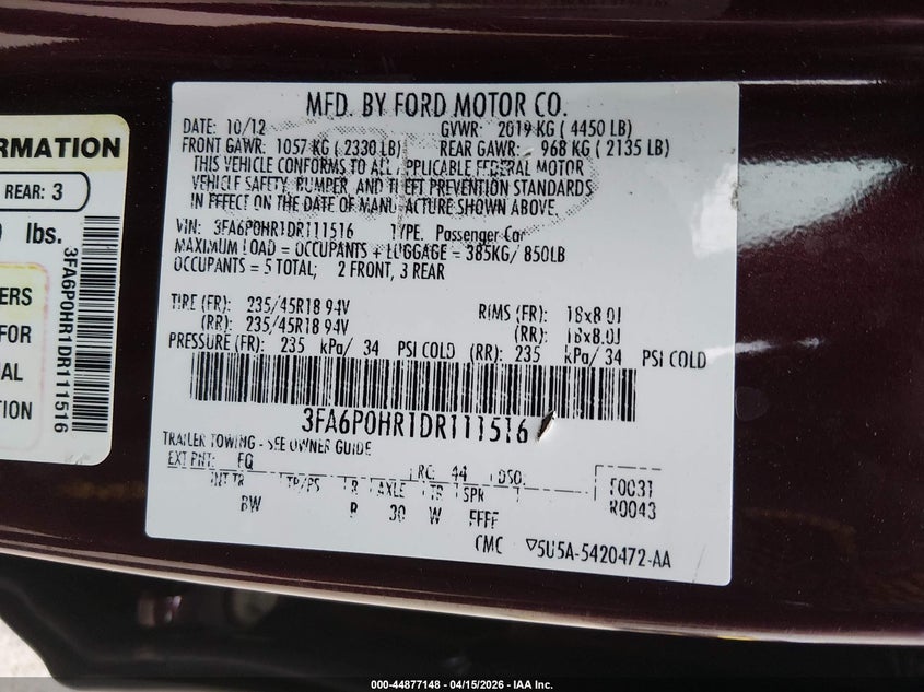 2013 Ford Fusion Se VIN: 3FA6P0HR1DR111516 Lot: 44877148