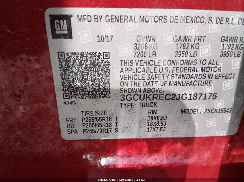 2018 Chevrolet Silverado 1500 2Lt VIN: 3GCUKREC2JG187175 Lot: 44877168