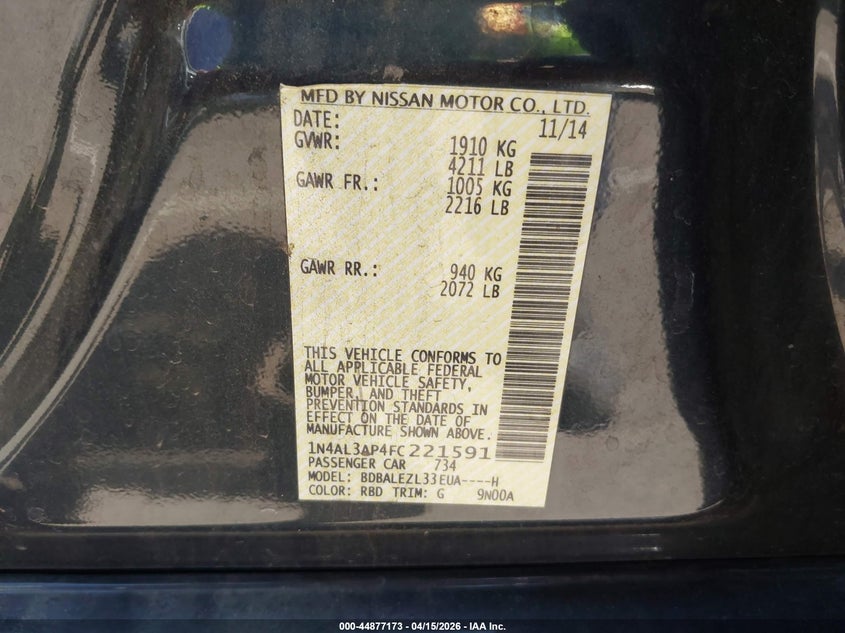 2015 Nissan Altima 2.5 S VIN: 1N4AL3AP4FC221591 Lot: 44877173