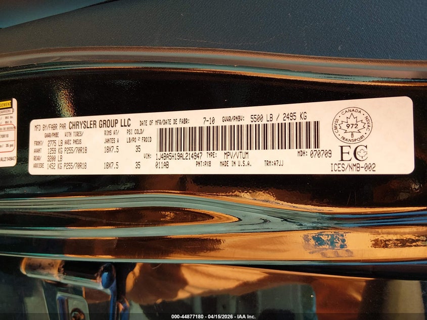 2010 Jeep Wrangler Unlimited Sahara VIN: 1J4BA5H19AL214947 Lot: 44877180