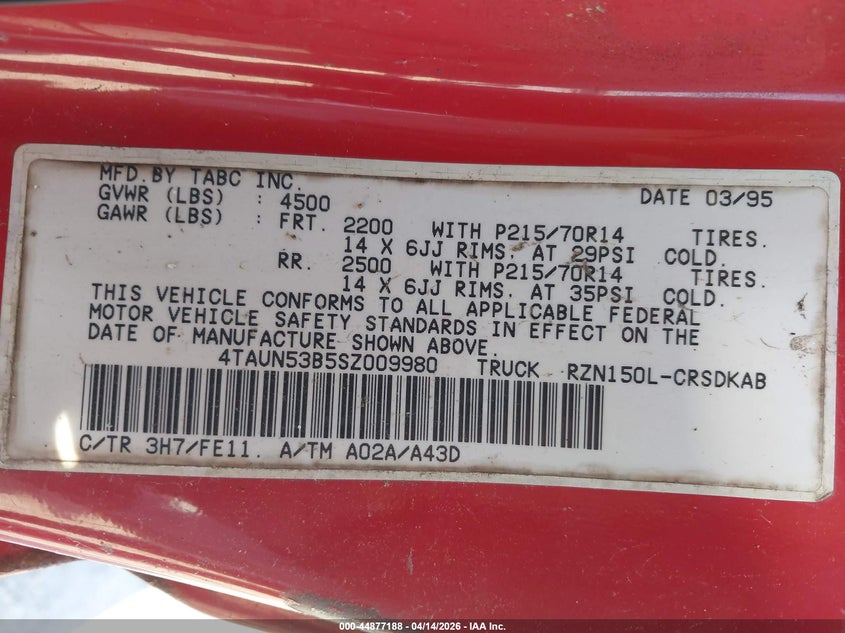 1995 Toyota Tacoma Xtracab VIN: 4TAUN53B5SZ009980 Lot: 44877188