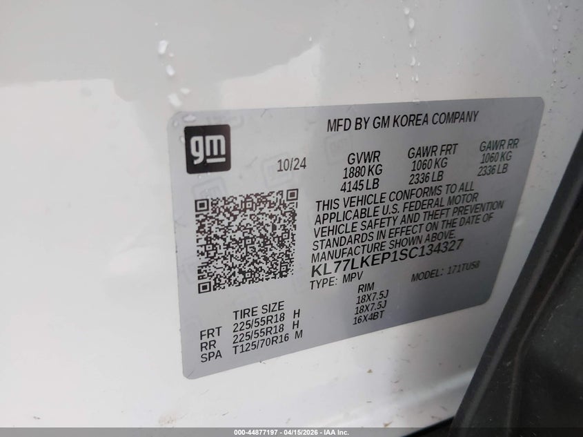 2025 Chevrolet Trax Fwd Activ VIN: KL77LKEP1SC134327 Lot: 44877197