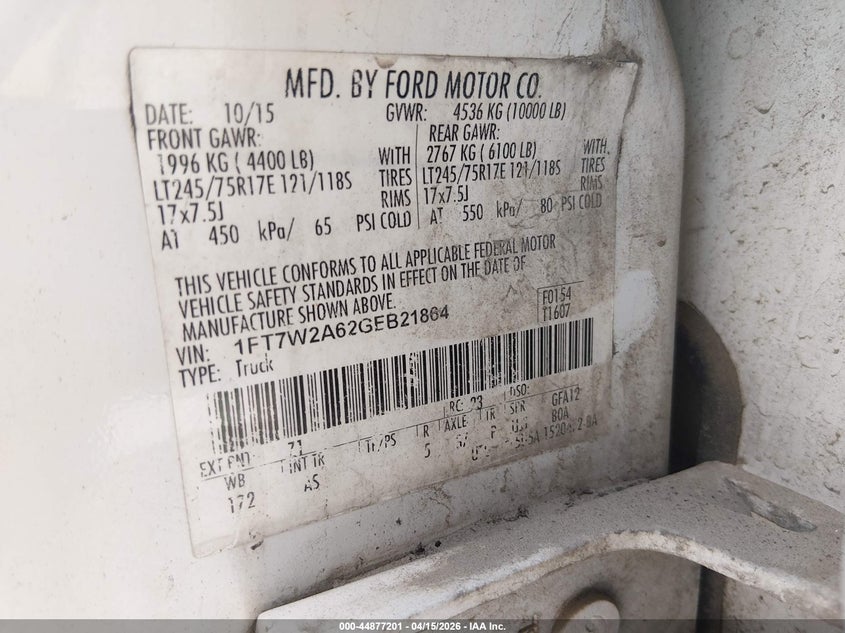 2016 Ford F-250 Xl VIN: 1FT7W2A62GEB21864 Lot: 44877201