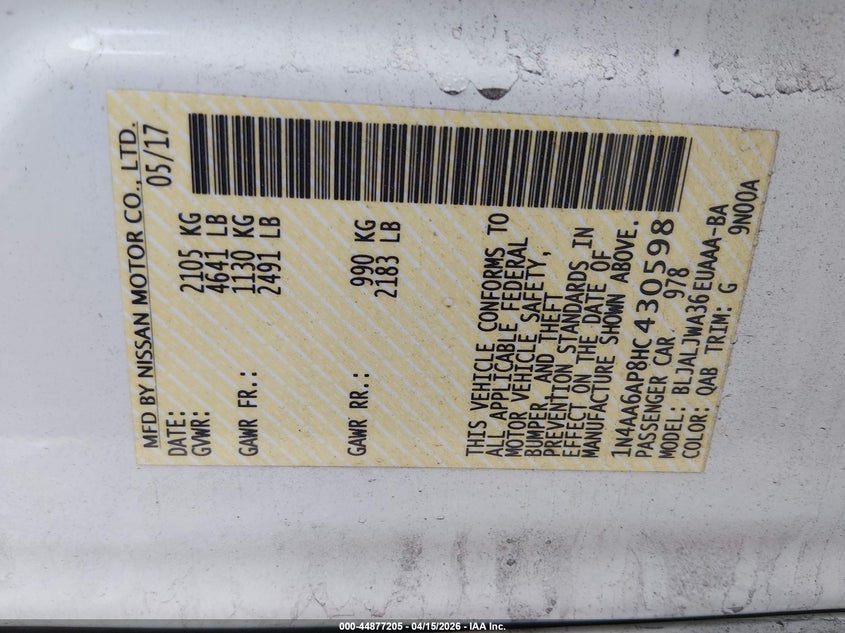 2017 Nissan Maxima 3.5 Sv VIN: 1N4AA6AP8HC430598 Lot: 44877205