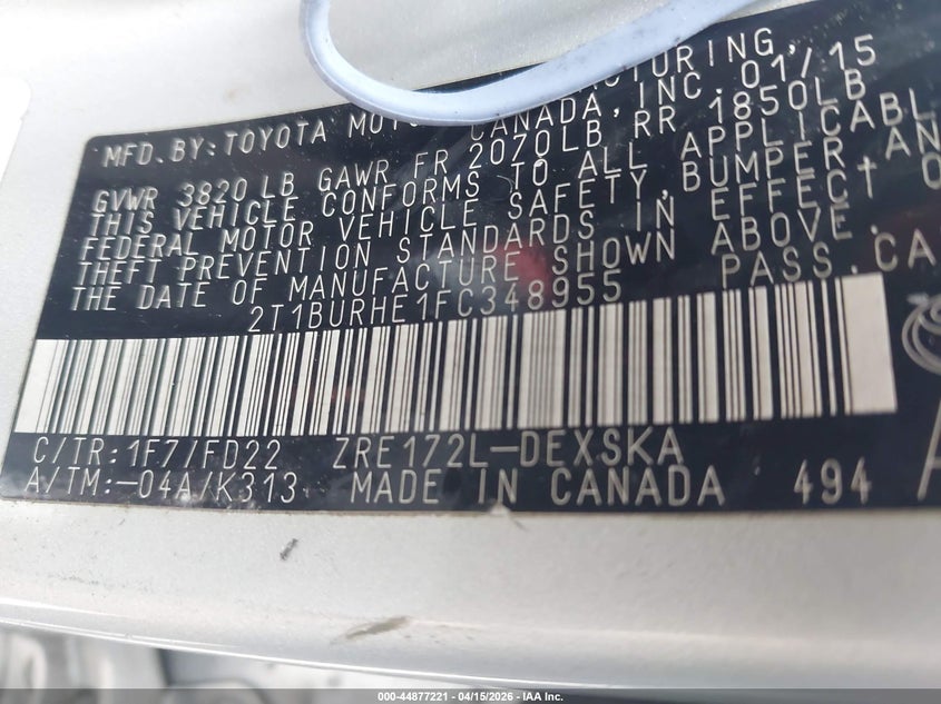 2015 Toyota Corolla S Plus VIN: 2T1BURHE1FC348955 Lot: 44877221