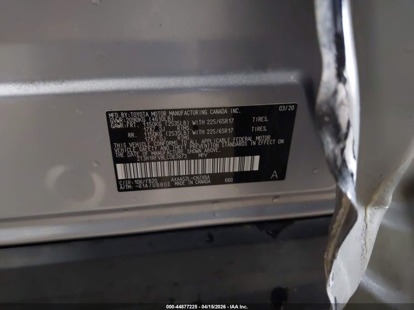 2020 Toyota Rav4 Le VIN: 2T3H1RFV8LC063873 Lot: 44877225