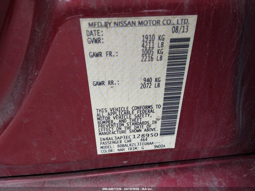 2014 Nissan Altima 2.5 S VIN: 1N4AL3AP3EC128950 Lot: 44877226