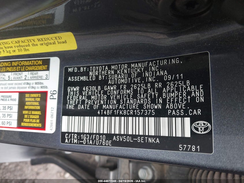 2012 Toyota Camry Le VIN: 4T4BF1FK8CR157375 Lot: 44877248